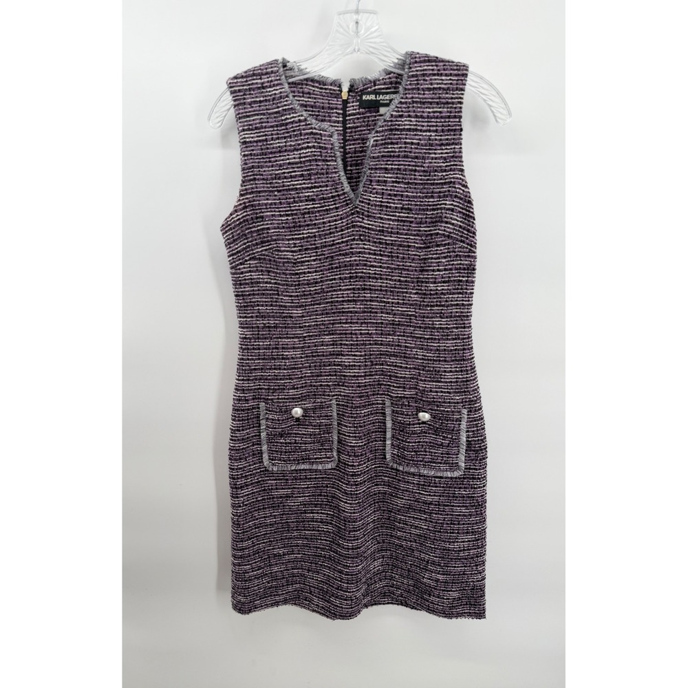 Karl Lagerfeld Paris Tweed Sheath Dress Sz 4 Purple Frayed Trim Pocket
